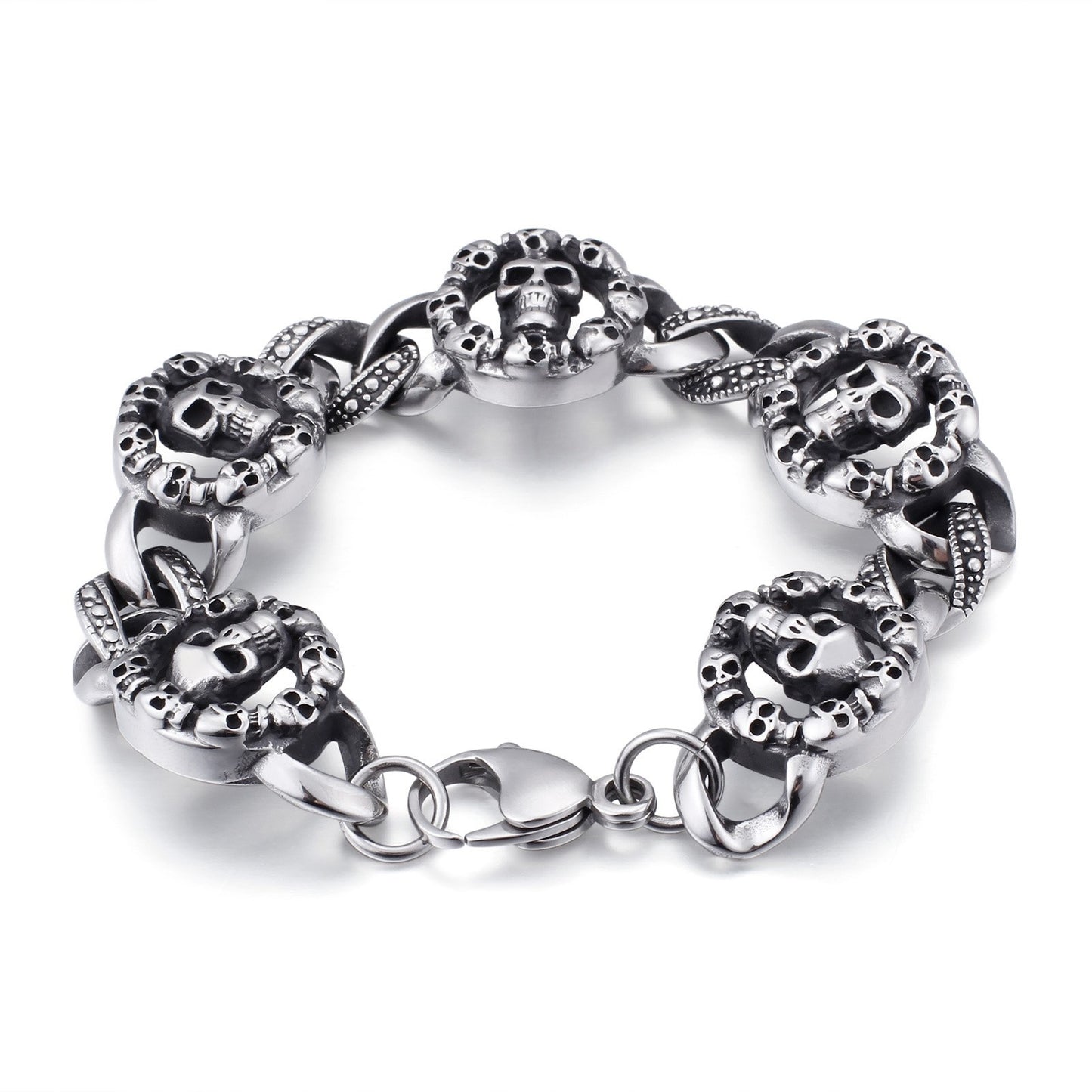 Skull Head Round Bracelet Men Stainless Steel Vintage Gothic Retro Curb Chain Mens Bracelets Jewelry