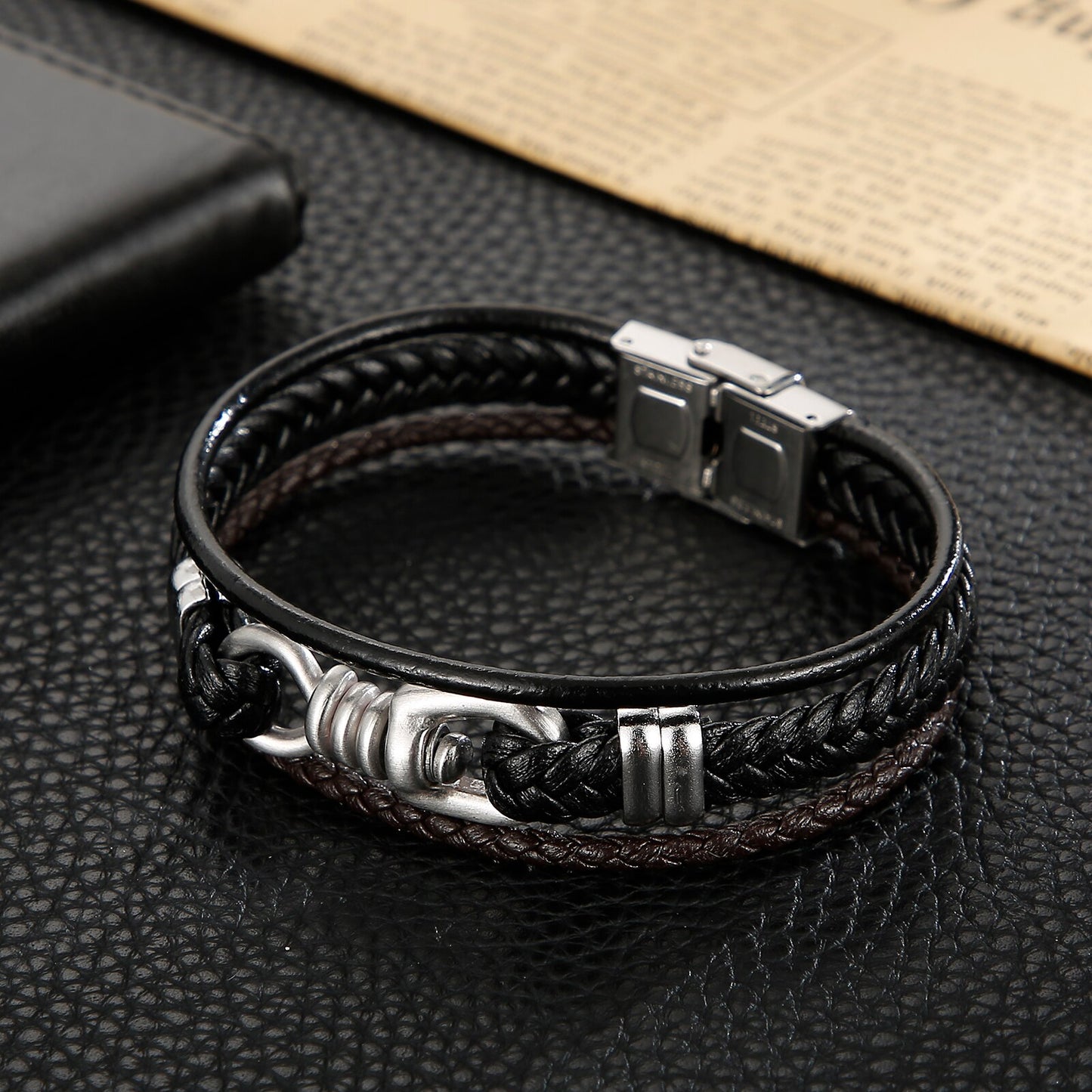 Rock Band Classic Leather Braided Multi-Layer Men Bracelet Screw Stainless Steel Charm Trendy Bangle Male Jewelry