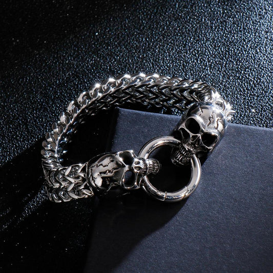 Cracked Skull Clasp Dual Strand Steel Chain Bracelet