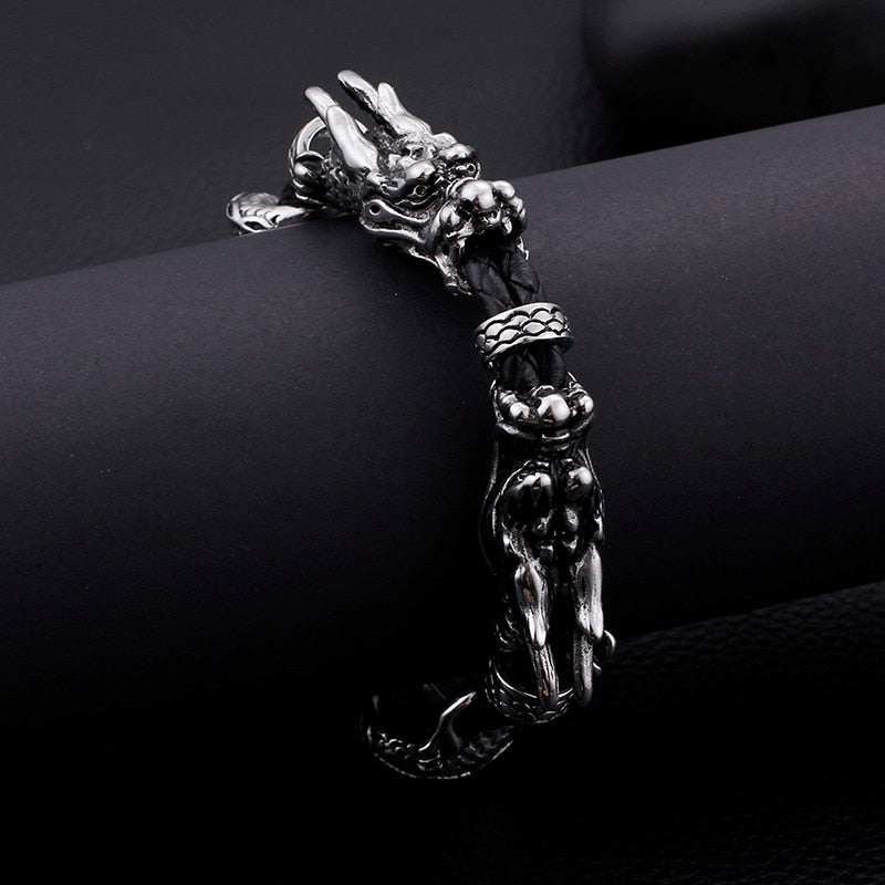 Stainless Steel Men Dragon Bracelet Interwoven with Black Genuine Leather Rope Strap Adjustable Bangle Fashion Jewelry