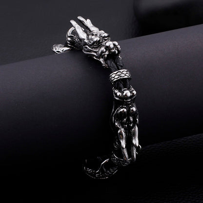 Stainless Steel Men Dragon Bracelet Interwoven with Black Genuine Leather Rope Strap Adjustable Bangle Fashion Jewelry