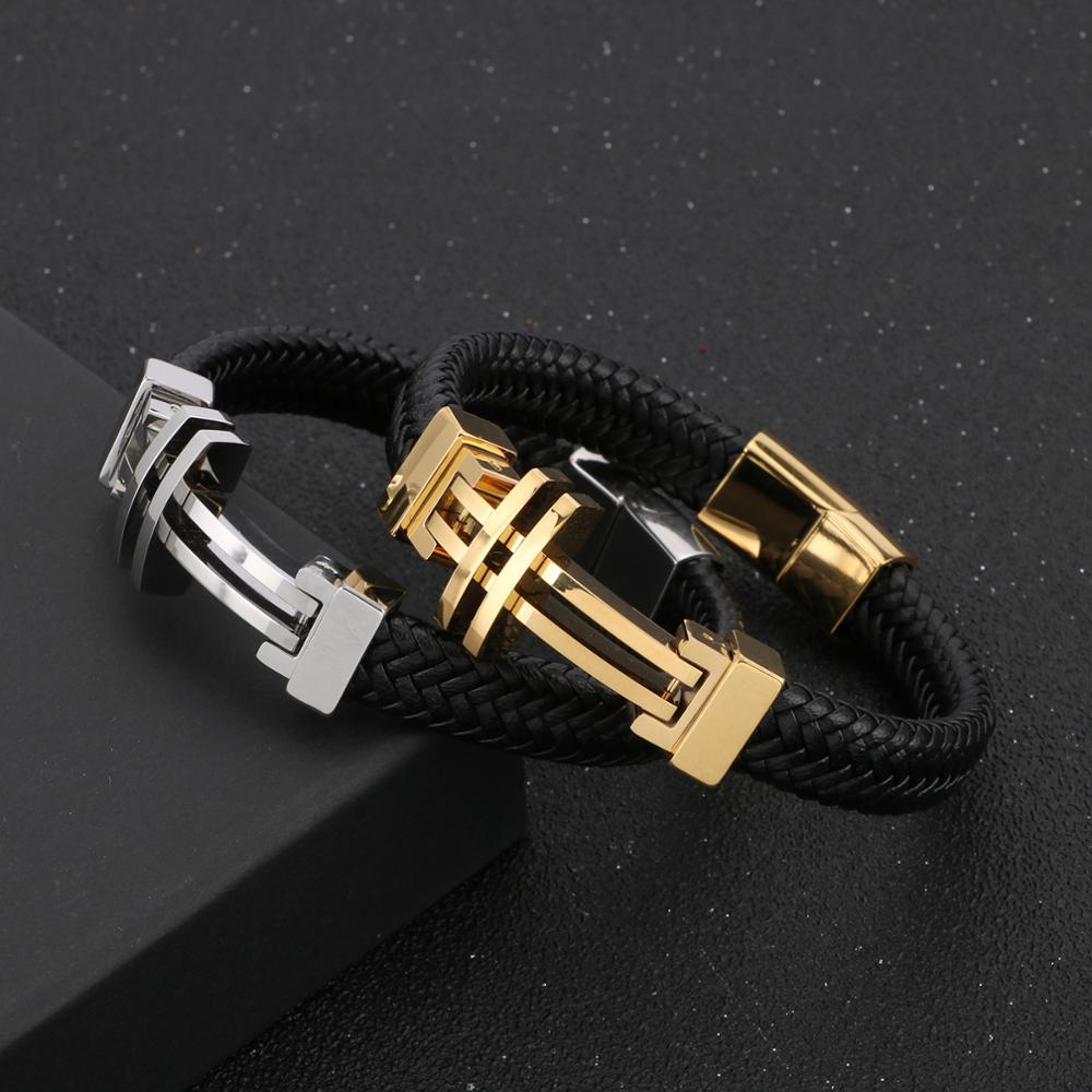 Vintage Cross Black Leather Bracelet Stainless Steel Punk Men Bracelets Jewelry Accessories