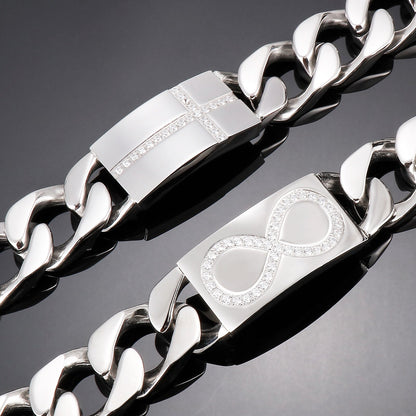 Infinity and Cross Plate Diamnd and Steel Angle Link Bracelet