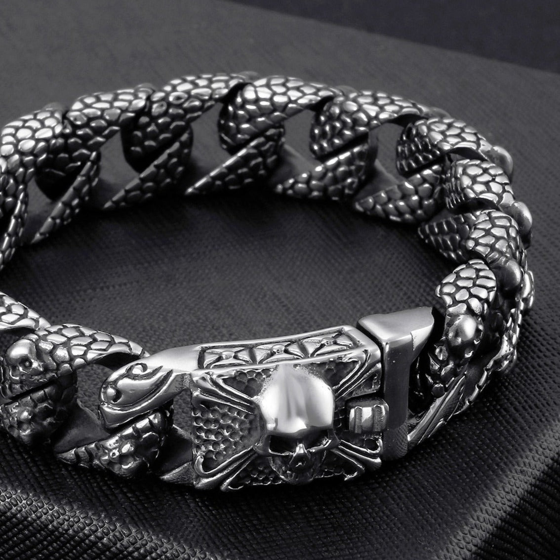 Serpentskin and Skull Steel Cuban Link Bracelet