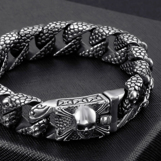 Serpentskin and Skull Steel Cuban Link Bracelet