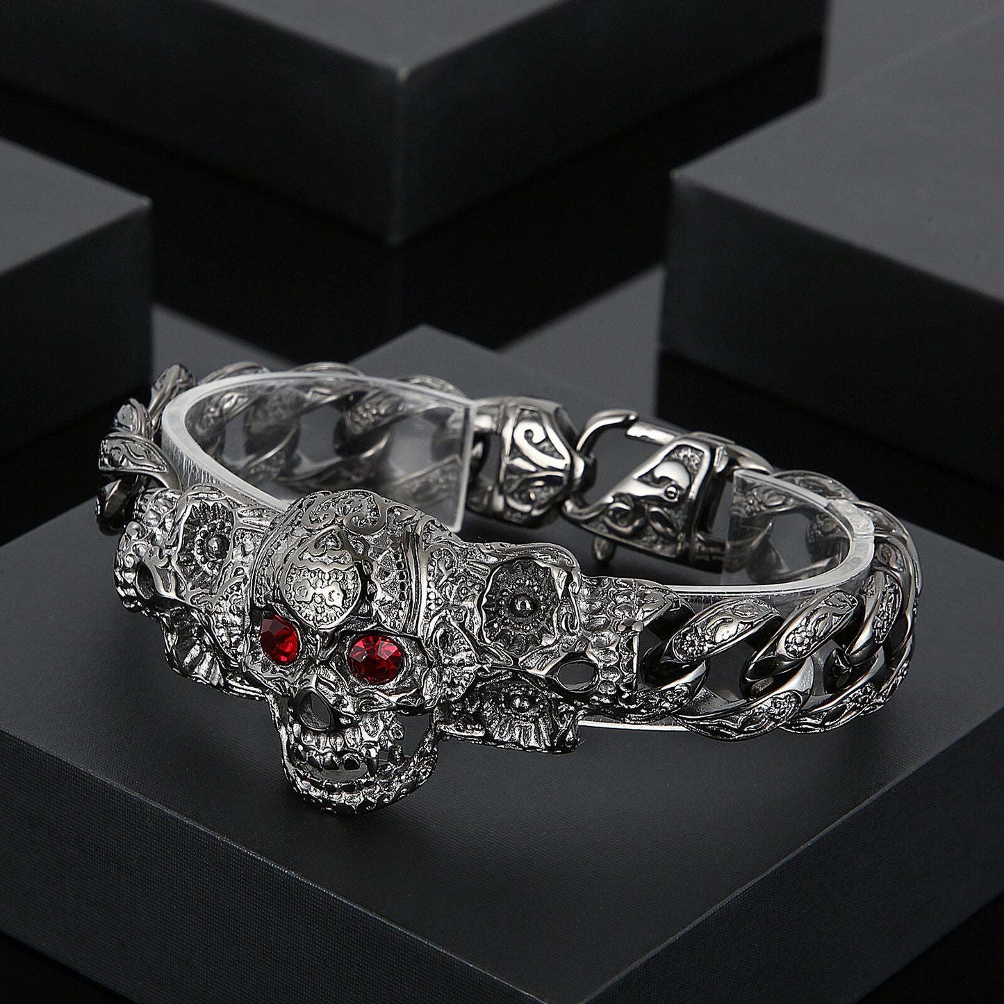 Garnet Eye Engraved Scrollwork Skull Death Rite Bracelet