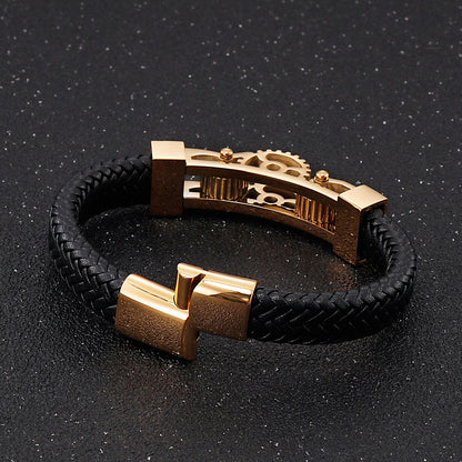 Men Classic Braided Leather Bracelet Gearwheel Charm Stainless Steel Punk Fashion Bangle Jewelry