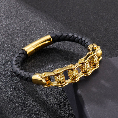 Vintage Bicycle Chain Woven Braided Leather Men's Bracelet Retro Metal Beads Charm Fashion Wristband Bangle