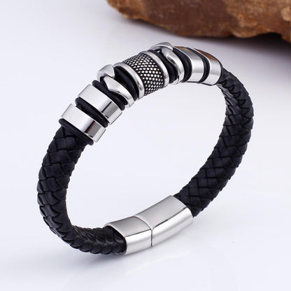 Vintage Charm Leather Bracelet Men Stainless Steel Black Weave Bracelets Man Fashion Jewelry