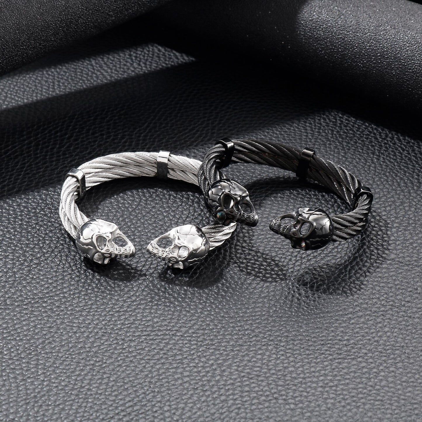 Skull Head Charm Wide Braided Men Opening Bangle Stainless Steel Gothic Style Trendy Bracelet Jewelry Gift