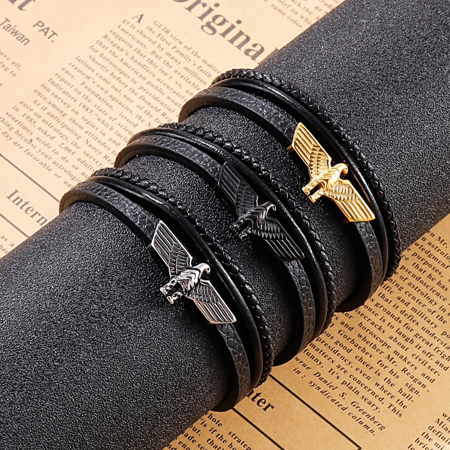 Aztec Eagle Triple Layer Leather Bracelet