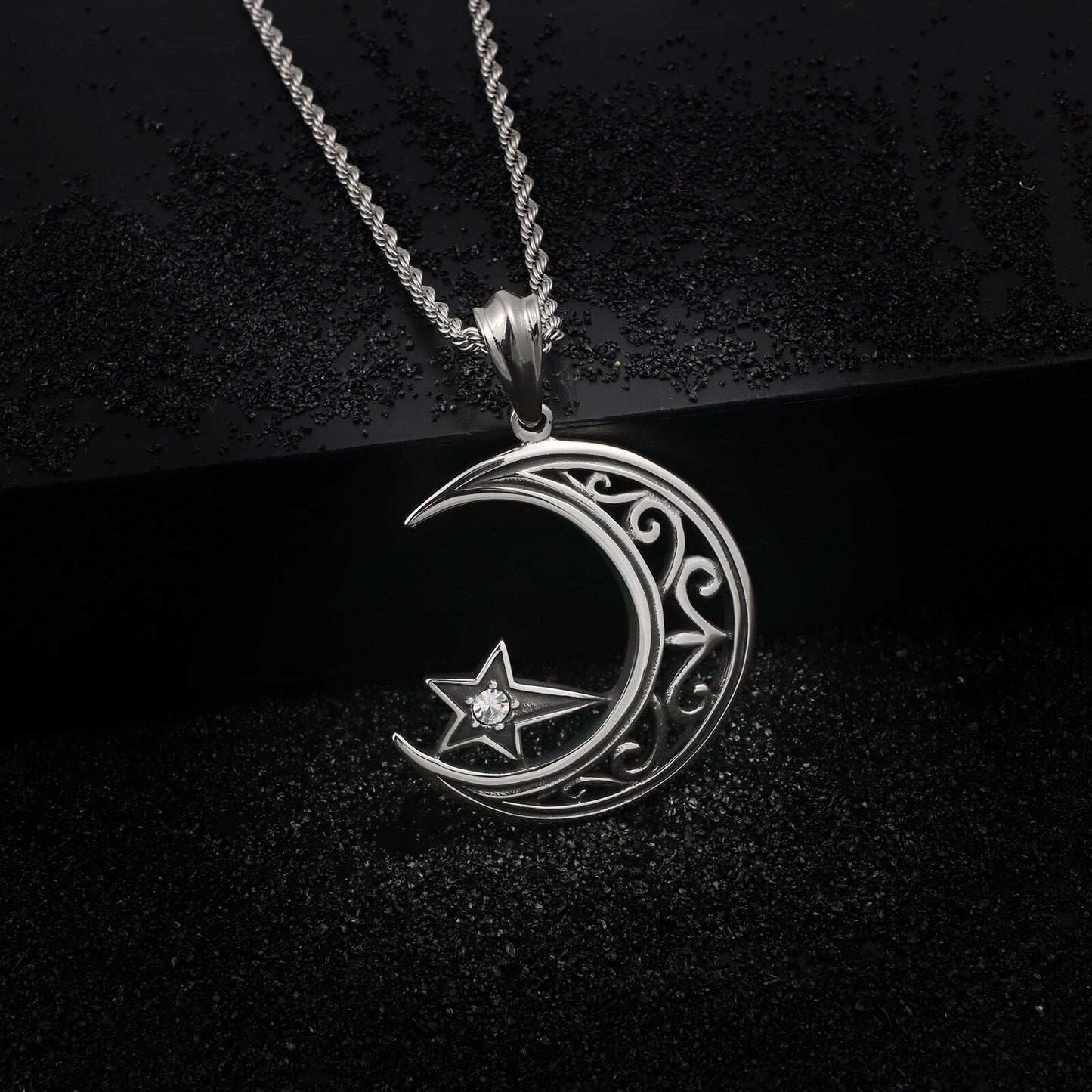 Moon and Star Scrollwork Pendant Necklace