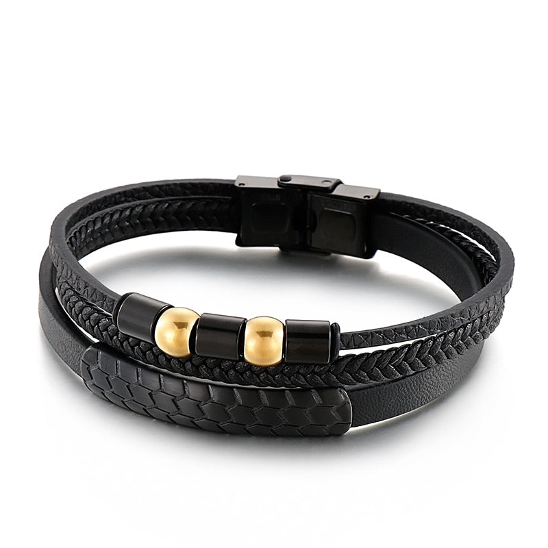 Rock Multi Layer Men Leather Bracelet Stainless Steel Beads Charm Trendy Punk Male Bangle Jewelry