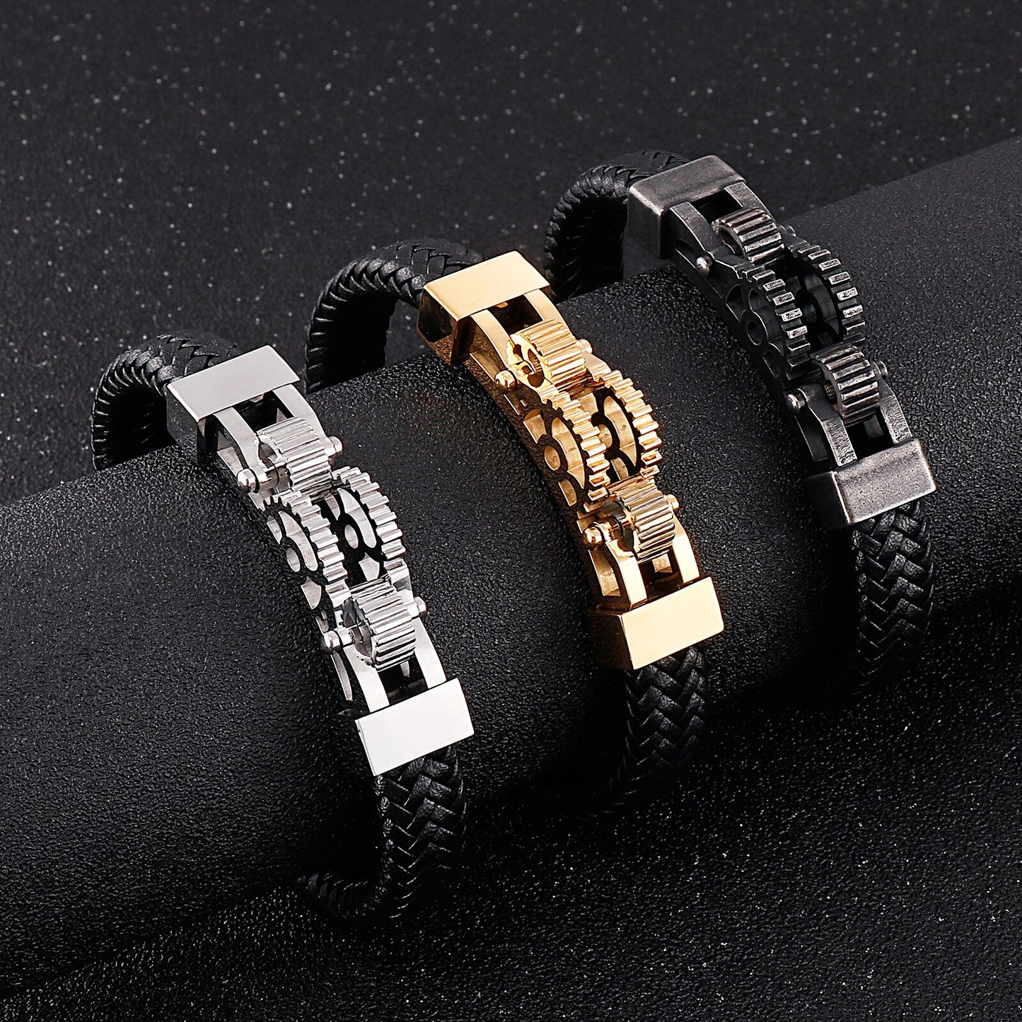 Men Classic Braided Leather Bracelet Gearwheel Charm Stainless Steel Punk Fashion Bangle Jewelry