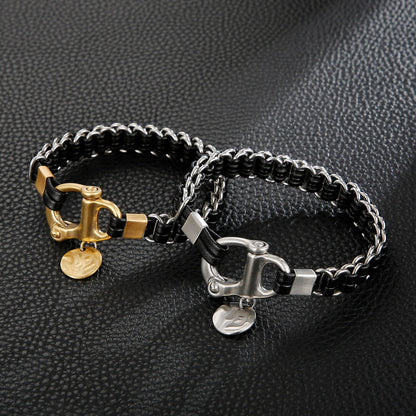 Punk Rock Big Clasp Men Leather Bracelet Round Charm Rope with Stainless Steel Classic Bangle Jewelry