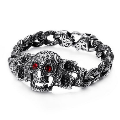 Garnet Eye Engraved Scrollwork Skull Death Rite Bracelet