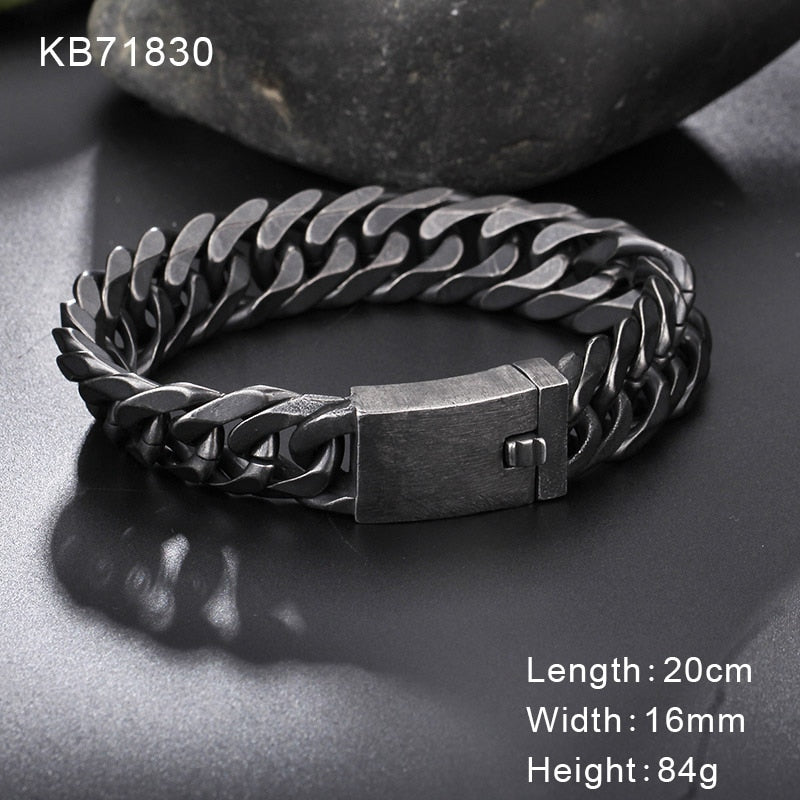 Retro Black Bracelet Men Cuban Stainless Steel Chain Wide Bracelets Male Fashion Jewelry