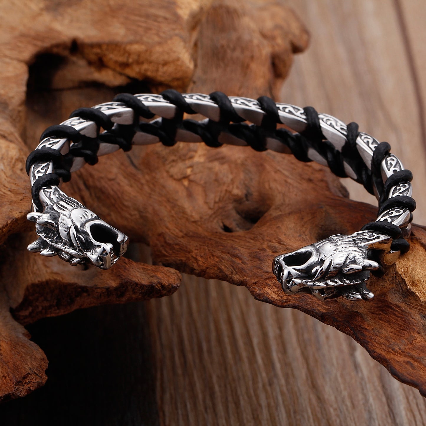 Dragon Steel and Leather Bangle Bracelet