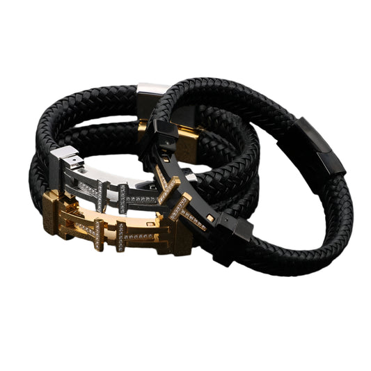 Braided Leather Iced Out Bridge Bracelet