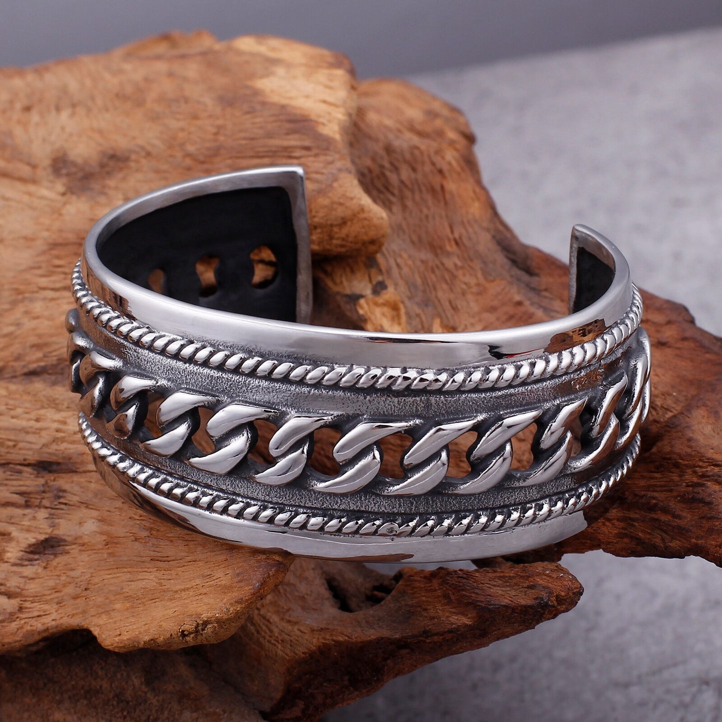 Vintage Stainless Steel Punk Wide Cuff Hollow Bracelet Bangle for Men Jewelry Friendship Gift