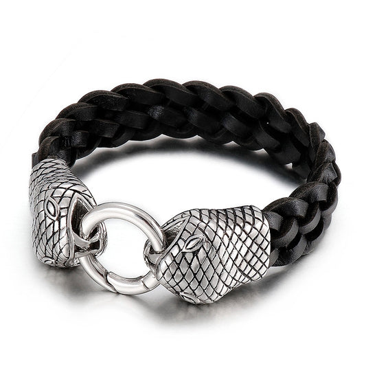 Viking Snake Leather Braided Rope Chain Men Bracelet High Quality Stainless Steel Charm Punk Male Fashion Jewelry