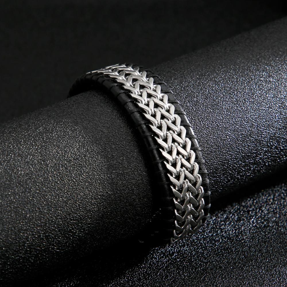 Mesh Stainless Steel Wide Chain Bracelet Braided Genuine Cowhide Leather Woven Rope Punk Bracelets with Magnet Clasp