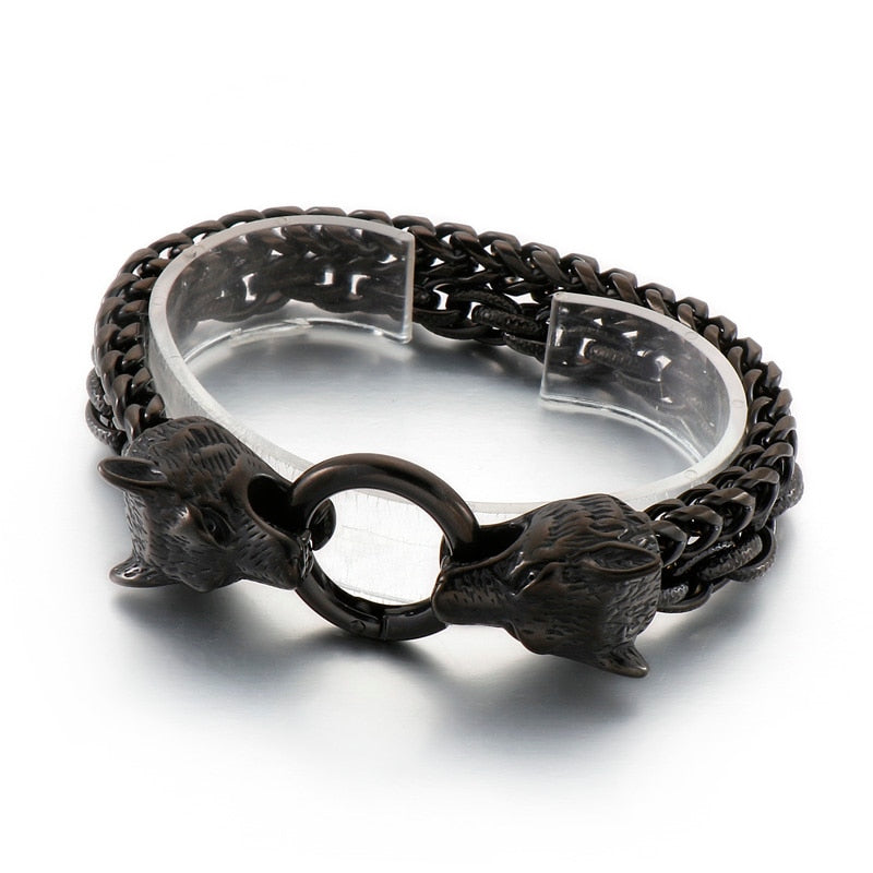 Wolf Totem Wolves Head Dual Strand Bracelet