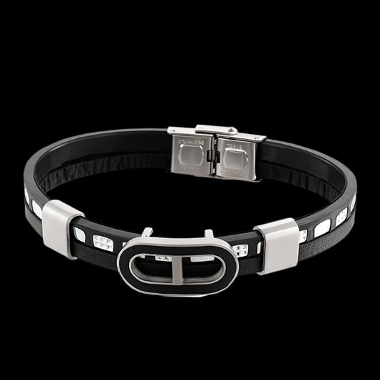 Minimalist Leather and Steel Tab Closure Mens Bracelet