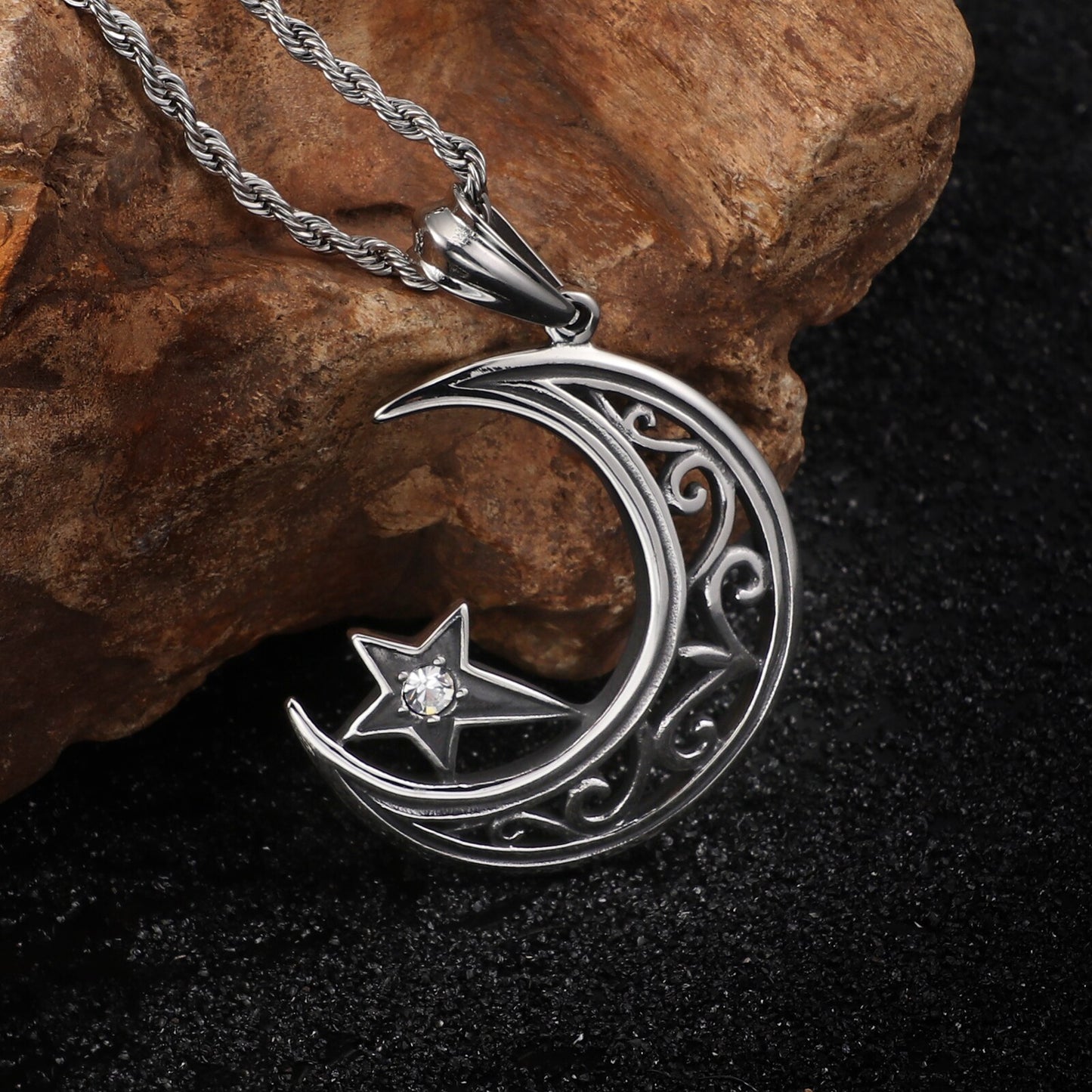 Moon and Star Scrollwork Pendant Necklace