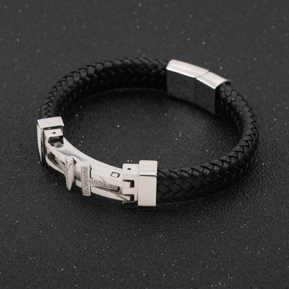 Punk Men Jewelry Black Braided Leather Charm Bracelet Stainless Steel Magnetic Clasp Fashion Bangles