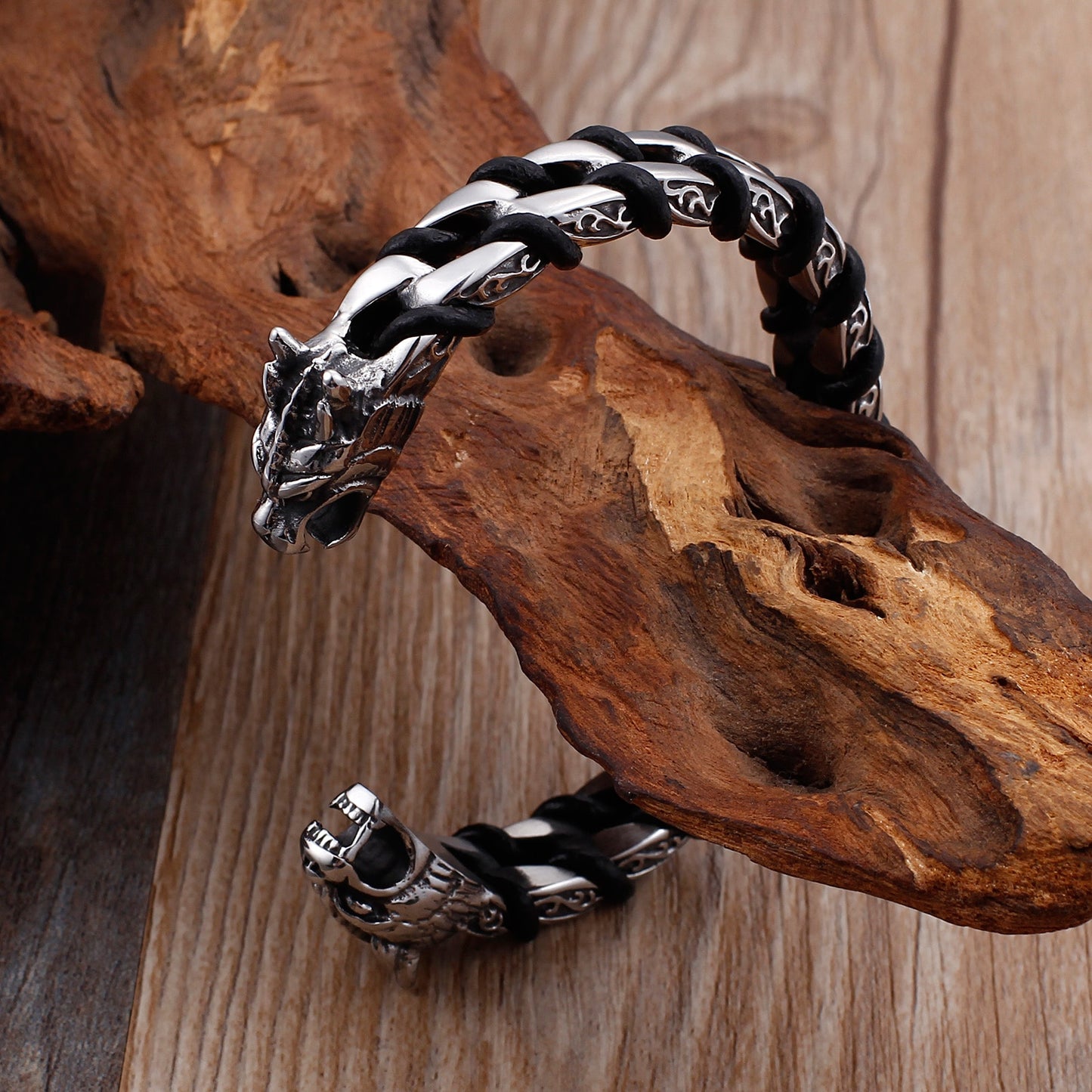 Dragon Steel and Leather Bangle Bracelet