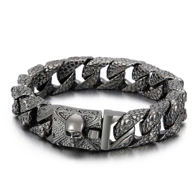 Serpentskin and Skull Steel Cuban Link Bracelet