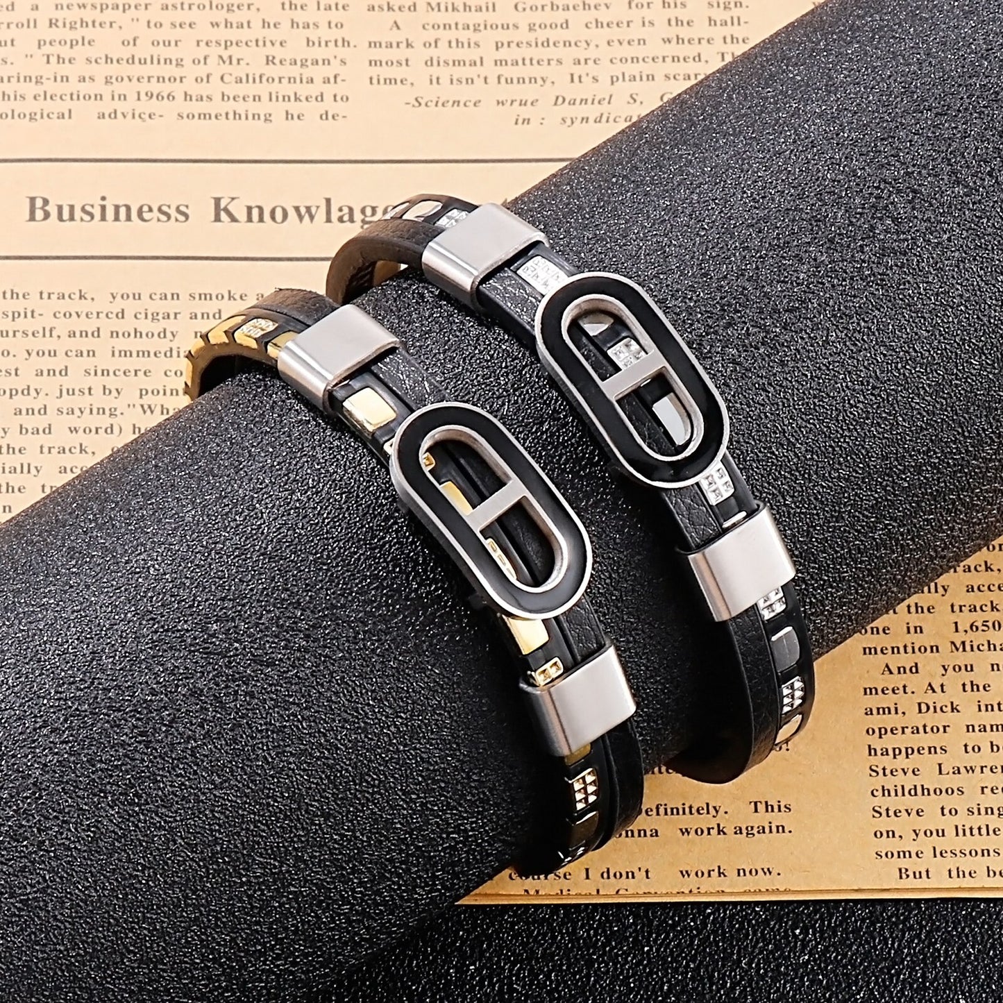 Cyberpunk Leather and Steel Tab Closure Bracelet