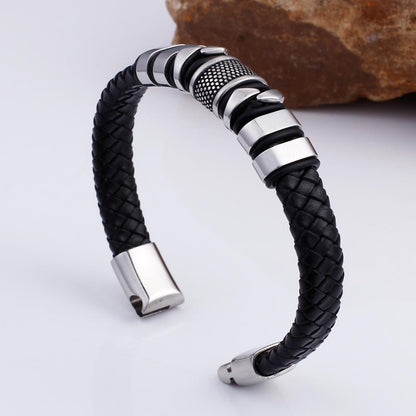 Vintage Charm Leather Bracelet Men Stainless Steel Black Weave Bracelets Man Fashion Jewelry