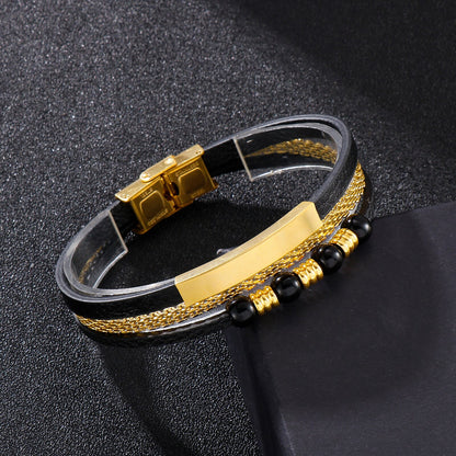 Leather and Steel Cyberpunk Triple Layer Bangle Bracelet