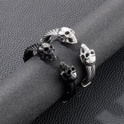 Skull Head Charm Wide Braided Men Opening Bangle Stainless Steel Gothic Style Trendy Bracelet Jewelry Gift