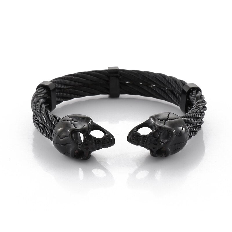 Skull Head Charm Wide Braided Men Opening Bangle Stainless Steel Gothic Style Trendy Bracelet Jewelry Gift