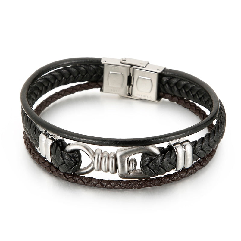 Rock Band Classic Leather Braided Multi-Layer Men Bracelet Screw Stainless Steel Charm Trendy Bangle Male Jewelry