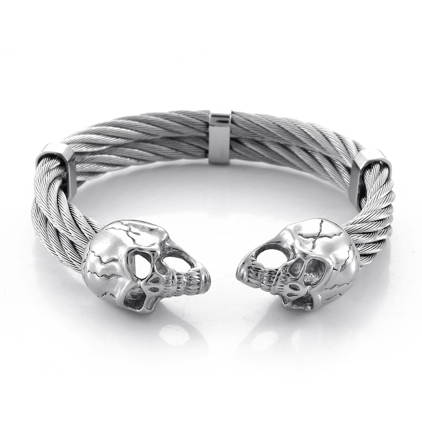 Skull Head Charm Wide Braided Men Opening Bangle Stainless Steel Gothic Style Trendy Bracelet Jewelry Gift