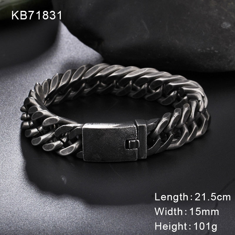 Retro Black Bracelet Men Cuban Stainless Steel Chain Wide Bracelets Male Fashion Jewelry