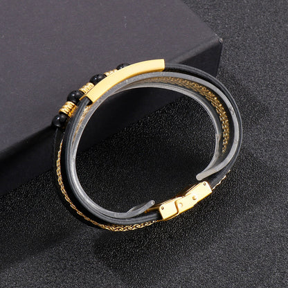 Leather and Steel Cyberpunk Triple Layer Bangle Bracelet