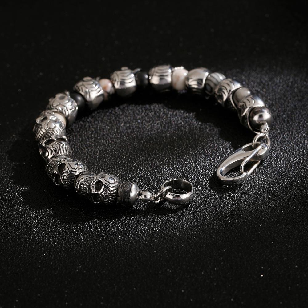 Skull Head and Stone Beads Mens Bracelet