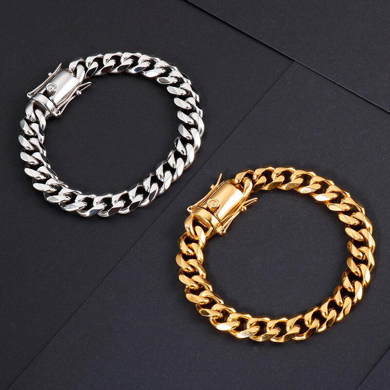 Simple Curb Link Chain Bracelet for Men Polishing Stainless Steel Gold & Silver Color Punk Jewelry Gift