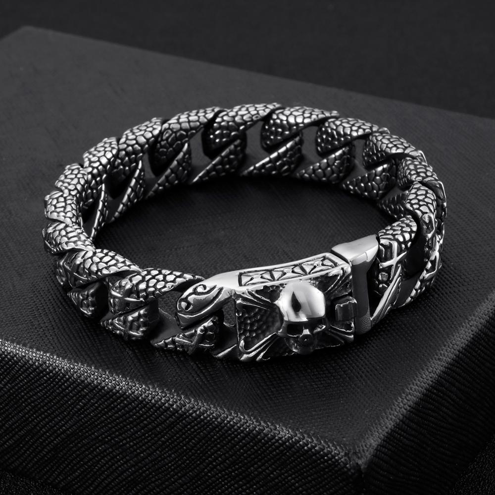 Vintage Skull Skeleton Face Men Bracelet Stainless Steel Cross Punk Cool Boy Fashion Armband Male Fashion Jewelry