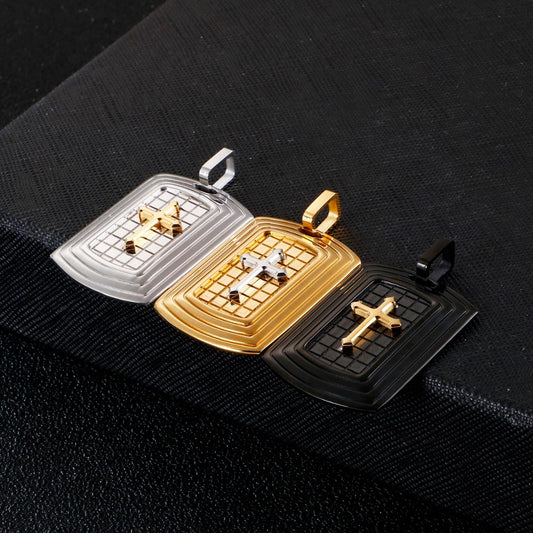 High Contrast Cross Front Dog Tag Pendant Necklace