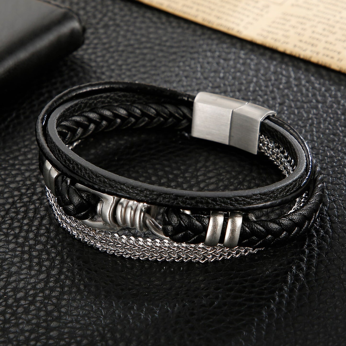 Multi-Layer Braided Leather Bracelet For Men Stainless Steel Link Chain and Rope Punk Fashion Black Bangle Jewelry