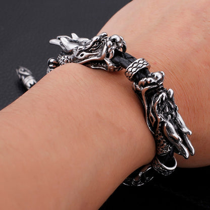 Stainless Steel Men Dragon Bracelet Interwoven with Black Genuine Leather Rope Strap Adjustable Bangle Fashion Jewelry