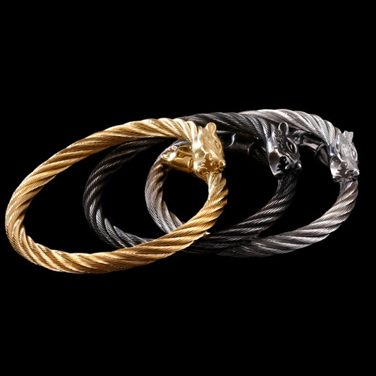 Wolf Head Twisted Metal Bangle Bracelet