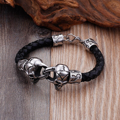 Skull Head Black Braided Leather Bracelet Men Stainless Steel Punk Man Viking Bracelets Jewelry