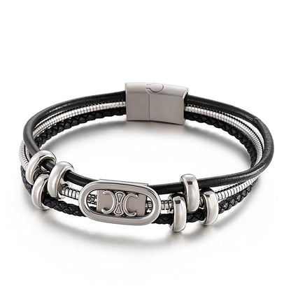 Rock Multi Layer Men Leather Bracelet Stainless Steel Beads Charm Trendy Punk Male Bangle Jewelry